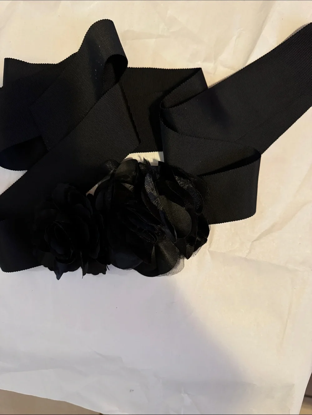 White House Black Market Black Floral Ribbon Waist Belt